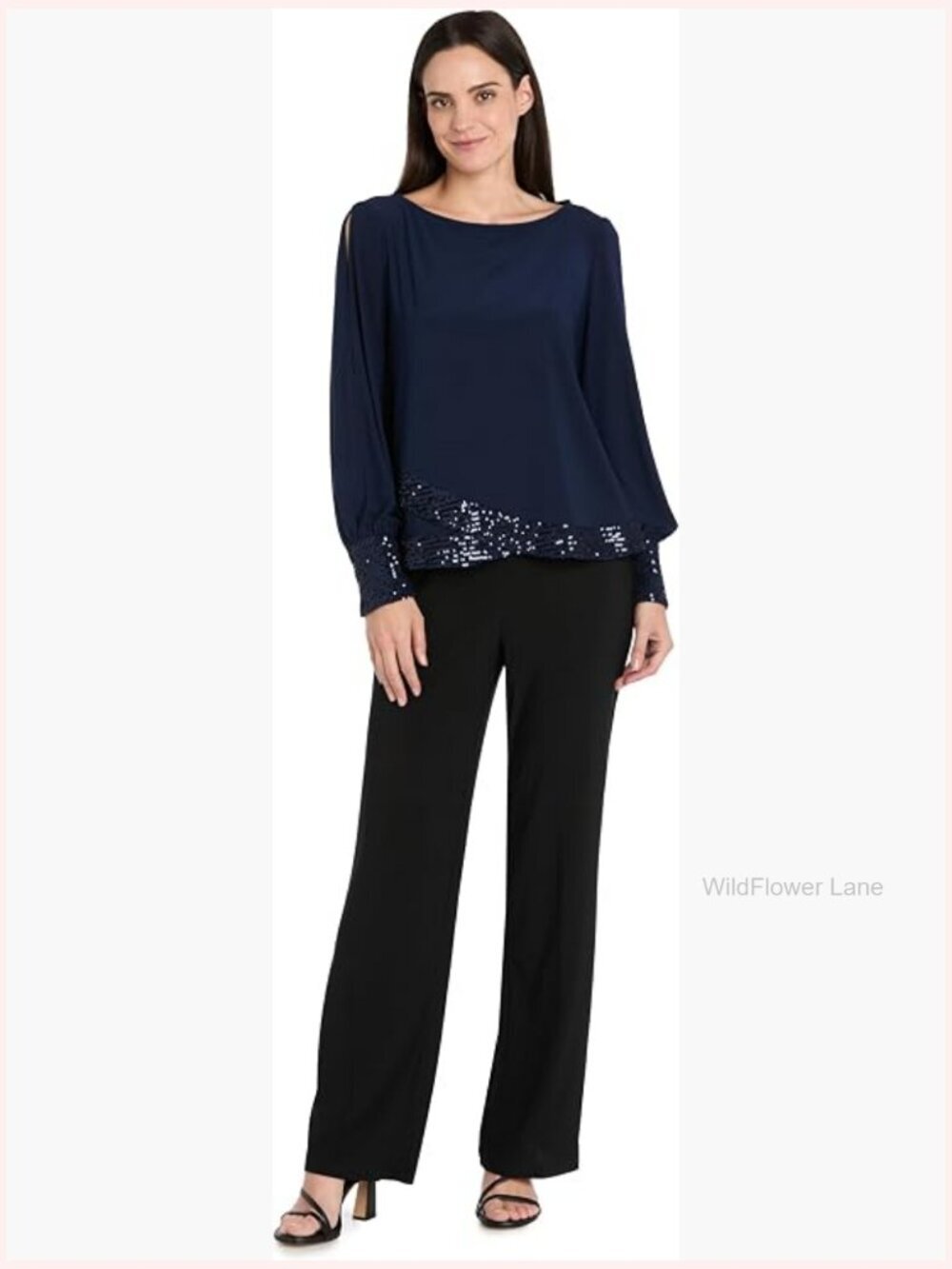 Womens Blouse w/ Sequin Trim & Rhinestone Button Cuffs - Long Split Sleeve